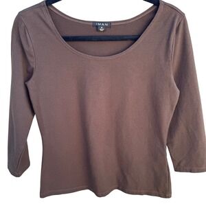 IMAN Y2K Womens Babydoll Brown Scoop Neck 3/4 Sleeve Cotton Stretch Top Size M